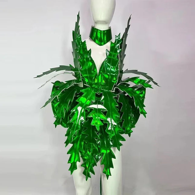Emerald Laser Leaf Sculptural Bodysuit & Collar 2-Piece Drag Queen Carnival Stage Costume