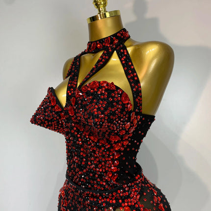 Crimson Diamond Rhinestone Catsuit Sheer Mesh Backless Jumpsuit Stage Costume