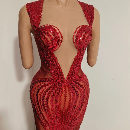 Sparkly Red Rhinestone & Sequin Sleeveless Sheer Mini/Long Dress Stage Costume