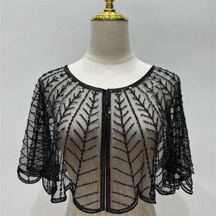 Sparkly Sequin & Beaded Leaf Mesh Capelet Evening Shawl Bolero Jacket