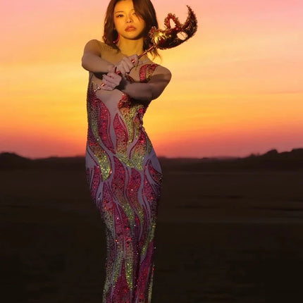 Flaming Fire Print Rhinestone Maxi Dress Sleeveless High-Slit Stage Performance Gown