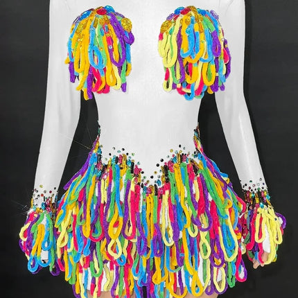 Rainbow Crystal Rhinestone Bodysuit Cascading Fringe Tassel Long-Sleeve Stage Costume