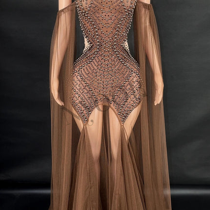 Rhinestone & Pearl Off-Shoulder Sheer Illusion Long Dress Gala Evening Costume