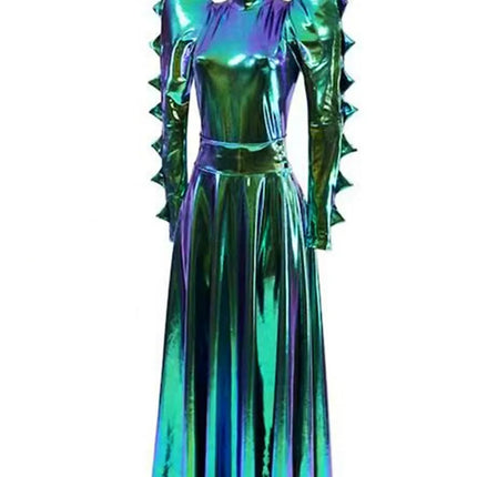 Metallic Armor Bodysuit & Trailing Bustle Skirt 2-Piece Stage Performance Costume Set