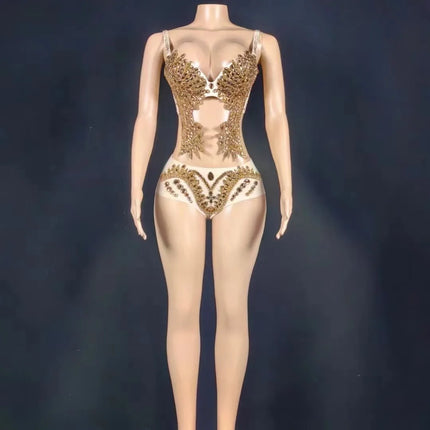 Sparkly Gold Rhinestone Two-Piece Bikini Bra & Shorts Set Stage Performance Costume