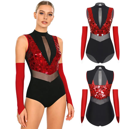 Sparkly Sequin Mock Neck Dance Leotard & Gloves Two-Piece Bodysuit Set