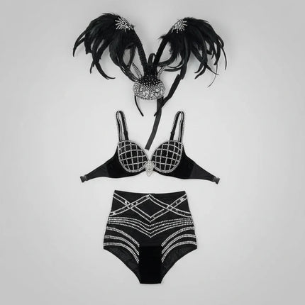 Silver Crystal Diamond Bikini & Sculptural Wing Headpiece Stage Performance Costume Set