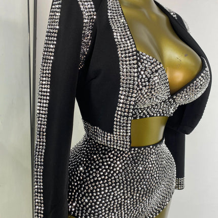 Rhinestone Bustier, High-Waist Mini Shorts & Cropped Jacket 3-Piece Performance Costume Set