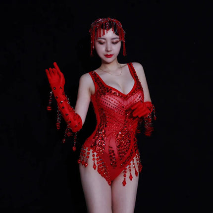 Sexy Nightclub Bar Gogo Dance Costume Red Rhinestones Fringe Mesh Bodysuit Gloves Performance Stage Wear Party Show Rave Outfits