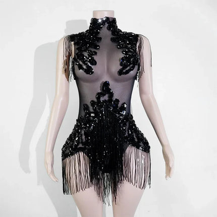 The Stardust Midnight Cabaret Bodysuit – Luxury Rhinestone & Mesh Showgirl Costume