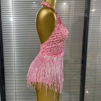Vintage-Inspired Beaded Tassel Bodysuit Performance Costume