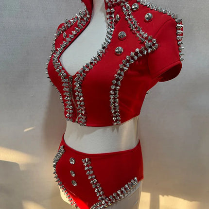 Sparkly Red Rhinestone Top & Shorts Set Gogo Showgirl Performance Outfit