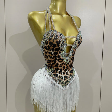 The Wildcat Stardust Tassel Bodysuit – Luxury Rhinestone Leopard Showgirl Costume
