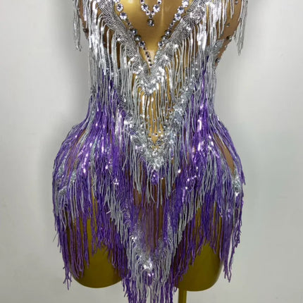 Sparkly Rhinestone & Tassel Fringe Latin Dance Mini Dress Stage Costume