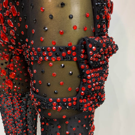 Crimson Diamond Rhinestone Catsuit Sheer Mesh Backless Jumpsuit Stage Costume