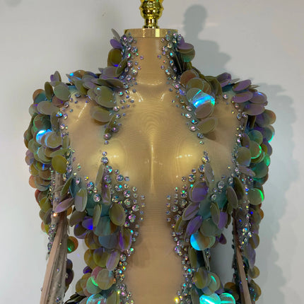 Iridescent Mermaid Scale Sequin & Rhinestone Illusion Bodysuit Stage Costume