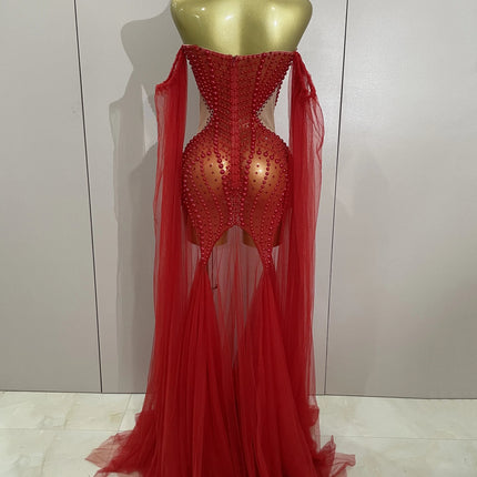 Luxury Birthday Evening Party Dress Elegant Sparkly Rhinestone Pearl Sexy Strapless Mesh Long Dress Prom Wedding Guest Gowns