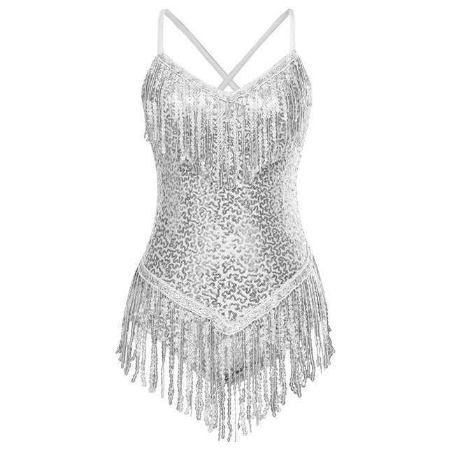 Sequins Fringed Cross Back Latin Dance Leotard Sleeveless V-Neck Bodysuit