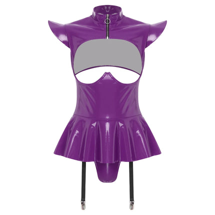 Glossy Wet-Look Halter Romper Bodysuit with Flared Skirt Hem & Integrated Garters