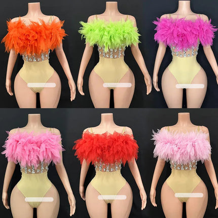 Fluffy Feather & Rhinestone Bodysuit Gogo Stage Performance Costume