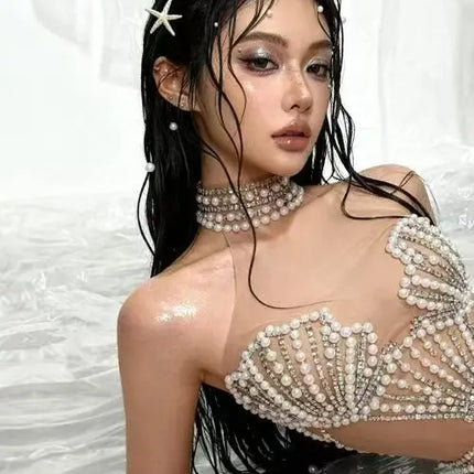 Sparkly Rhinestone, Pearl & Tassel Transparent Performance Dress Stage Costume