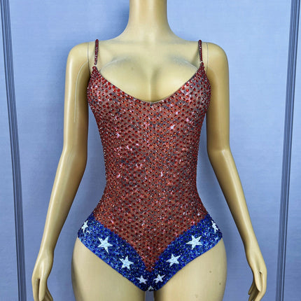 Twinkling Rhinestone Stars High-Cut Stage Bodysuit Dance Performance Leotard