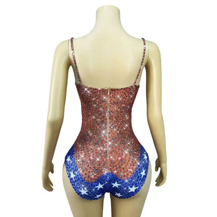 Nightclub Bar Stage Crystal Bodysuit Sparkly Red Blue Rhinestones Sleeveless Leotard Women Singer Dancer Sexy Show Stage Costume