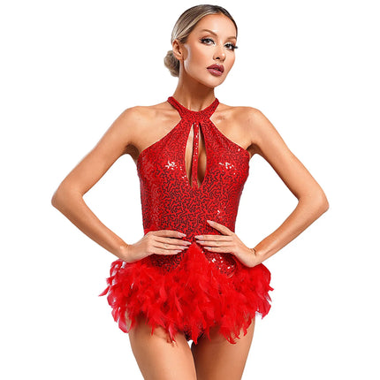 The Stardust Empress Royale – Sequined & Feathered Latin Dance Leotard Dress
