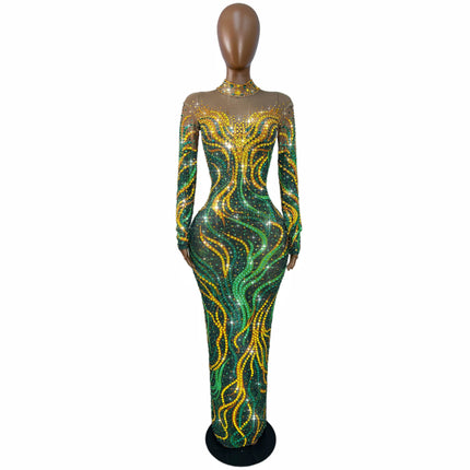 Gold & Emerald Swirl Rhinestone Illusion Maxi Gown Long Sleeve Floor-Length Evening Dress
