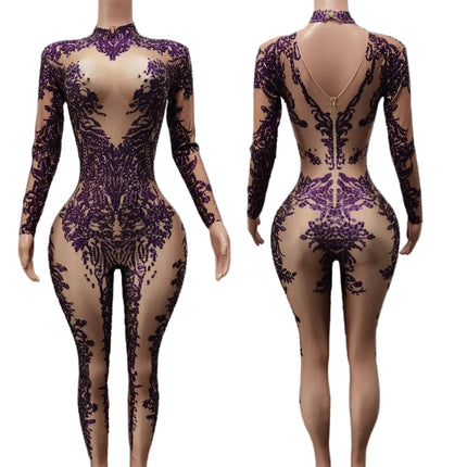 High Neck Crystal Appliqué Illusion Bodysuit