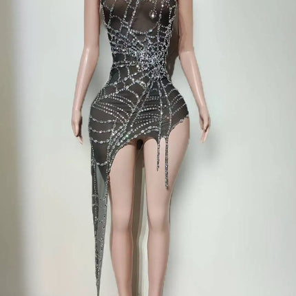 Sparkly Silver Rhinestone Spider Web Mesh Stage Performance Costume Set