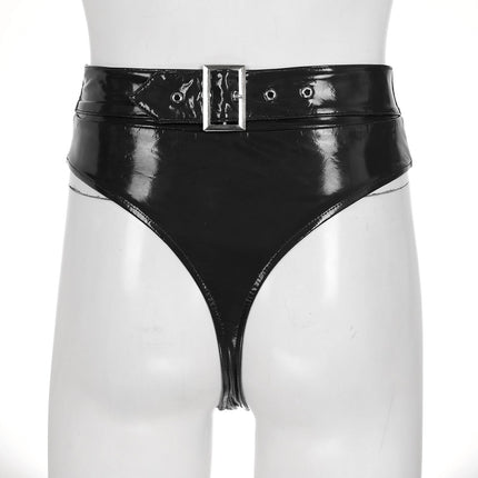 High-Waist Patent Leather Wet-Look Briefs with Adjustable Back Buckle Belt