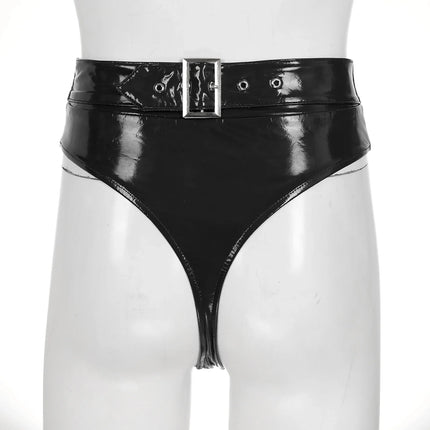 High-Waist Patent Leather Wet-Look Briefs with Adjustable Back Buckle Belt