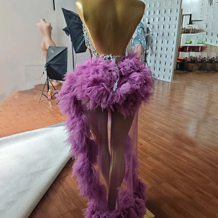 Purple Spiderweb Rhinestone Halter Bodysuit & Trailing Ruffle Tulle Skirt 2-Piece Stage Costume Set