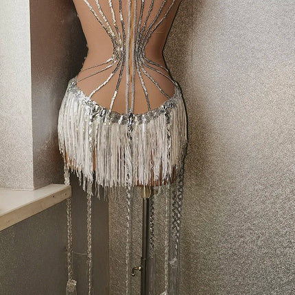 Sparkly Silver Rhinestone & Long Tassel Fringe Leotard Stage Performance Costume