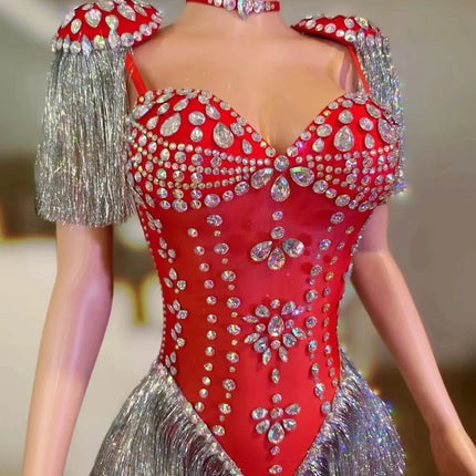 Sparkly Red Rhinestone & Tassel Sleeveless Bodysuit Dance Stage Costume