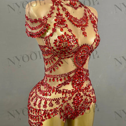 The Stardust Mirage Transparent Bodysuit – Luxury Rhinestone Mesh Stage Wear Leotard