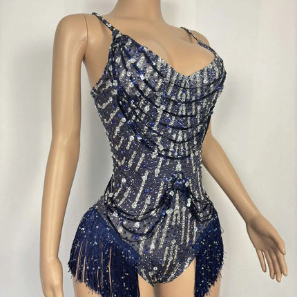 Sparkly Rhinestone Tassel Fringe Dance Leotard Nightclub Stage Performance Bodysuit