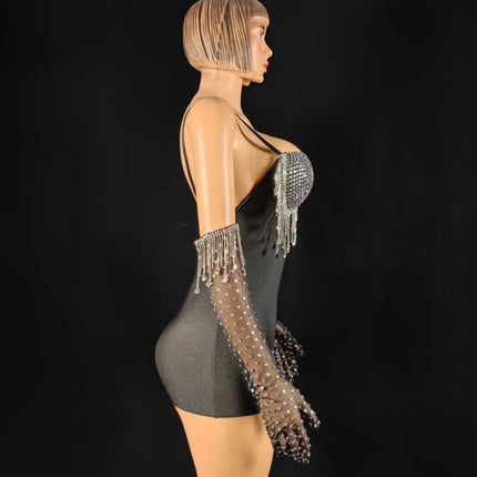Black Spandex Crystal Tassel Bodysuit with Matching Gloves Stage Performance Set