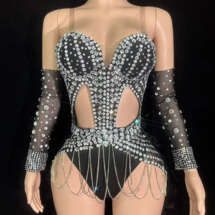 Rhinestone Chain Bodysuit with Detachable Feather Train & Sleeves 3-Piece Stage Costume Set