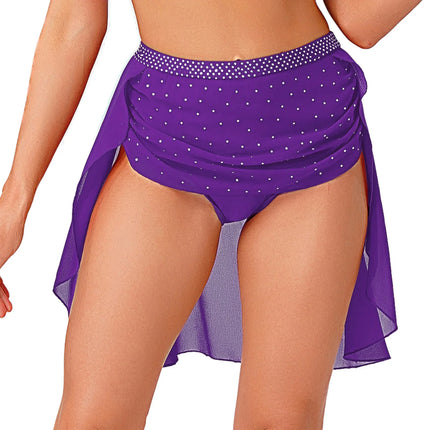 Womens Modern Lyrical Dance Skirt Performance Costume Sparkly Rhinestone Irregular Chiffon Hem Built-in Briefs Skirt Dancewear