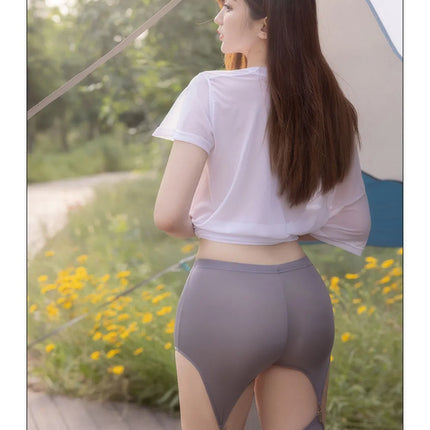Hollow Out Buckle Shaper Oil Shiny Leggings Garter Belt Pencil Pants