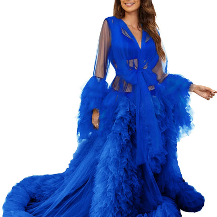 Voluminous Illusion Tulle Ruffle Long Robe Dressing Gown
