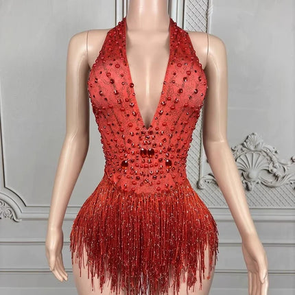 The Stardust Gradient Siren Dress – Luxury Rhinestone Tassel Latin Dance Costume