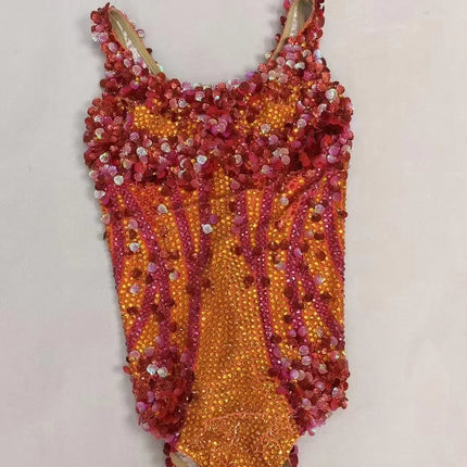 Crimson Sequin Strip & Crystal Rhinestone Bodysuit Illusion Mesh Sleeveless Leotard Stage Costume
