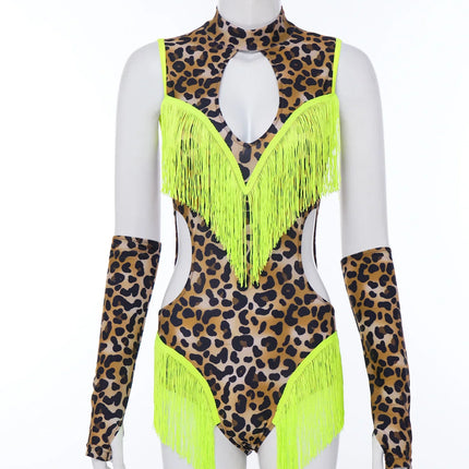 Leopard Cutout Bodysuit & Fringe Sleeves 2-Piece Latin Ballroom Stage Costume Set