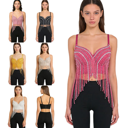 Rhinestone & Bead Tassel Push-Up Underwire Bustier Crop Top