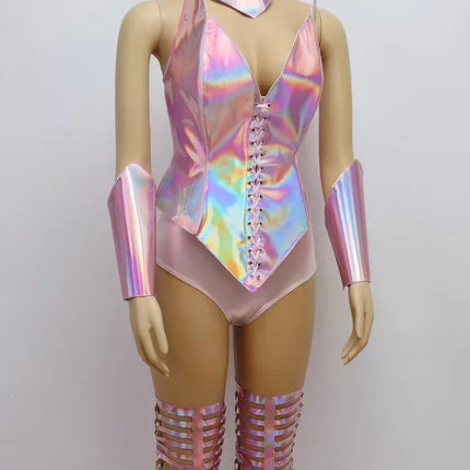 Bar Nightclub DJ Gogo Dance Costume Women Pink Laser Leather Armor Bodysuit Leg Cover Rave Outfit Party Show Drag Queen Costume