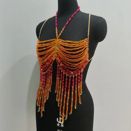 Handmade Multilayer Beaded Bra Chain & Vibrant Sunset Chest Harness