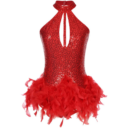 The Stardust Empress Royale – Sequined & Feathered Latin Dance Leotard Dress